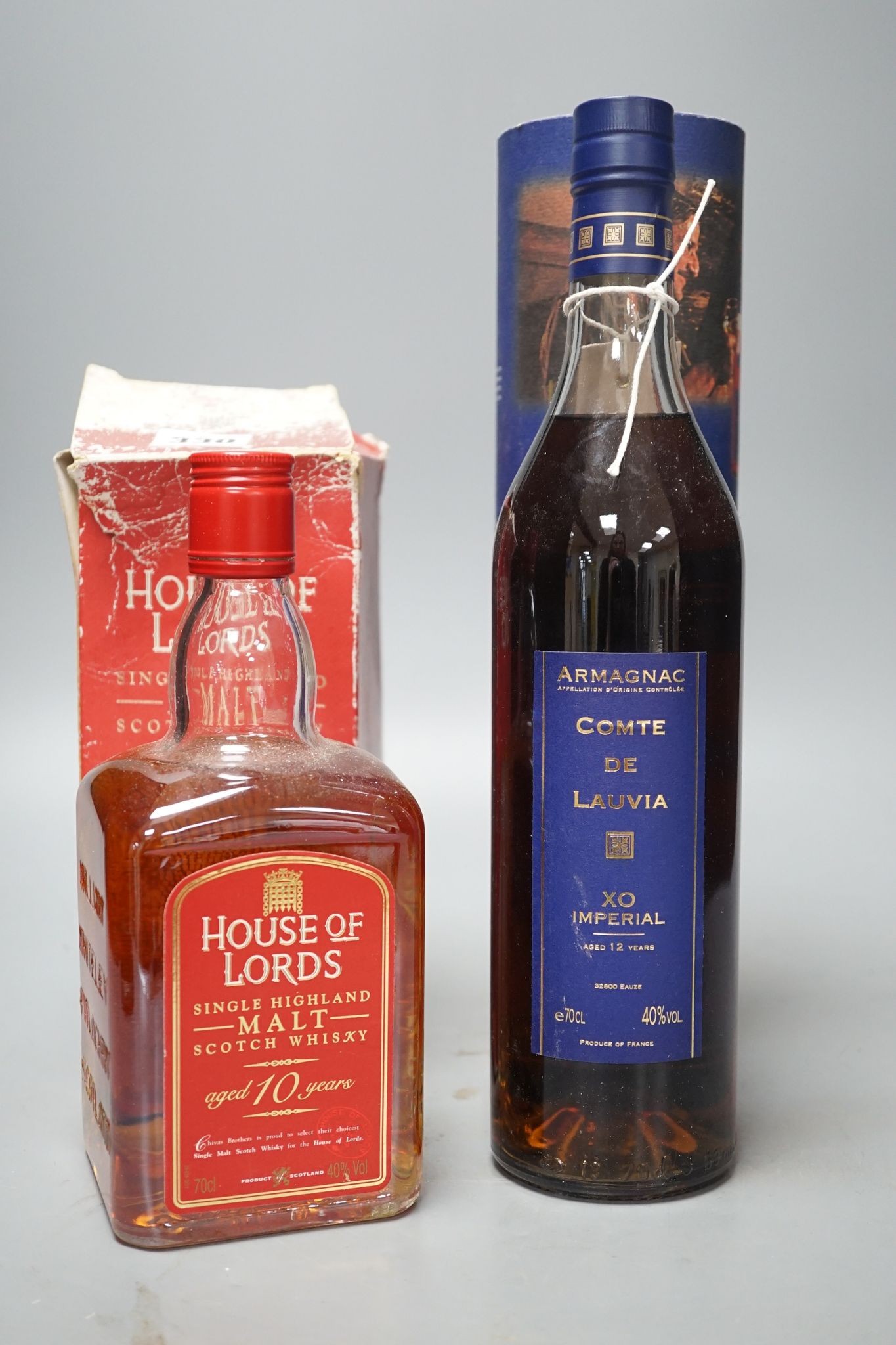 A Compte de Lauvia Armagnac and a House of Lords 10 year old malt whisky